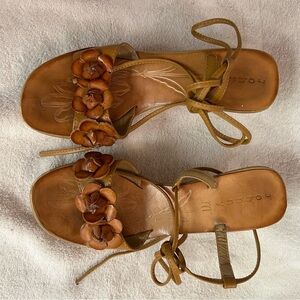 Johnny M ankle wrap sandals with leather flower design